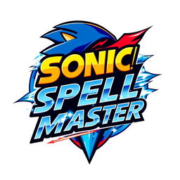 A dynamic and energetic logo inspired by the Sonic the Hedgehog series, featuring the text 'SPELL MASTER' in an electric, speedy font