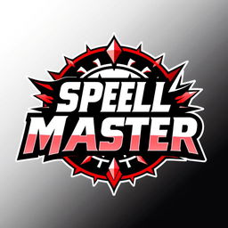 A bold and dynamic logo inspired by Smash Bros, featuring the text 'SPELL MASTER' in a powerful and impactful font