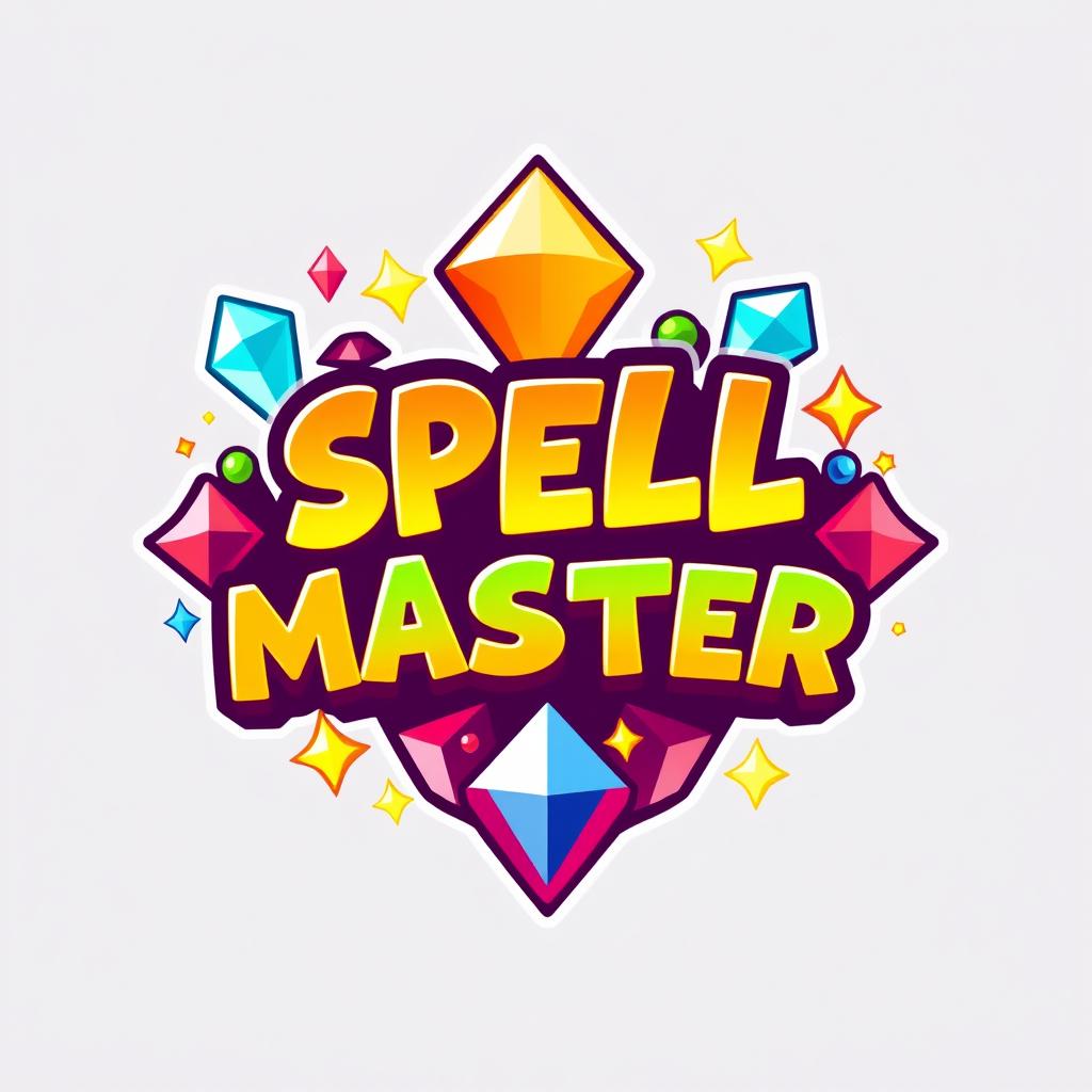 A lively and playful logo inspired by Gem Fighter, featuring the text 'SPELL MASTER' in a chibi, cartoonish font