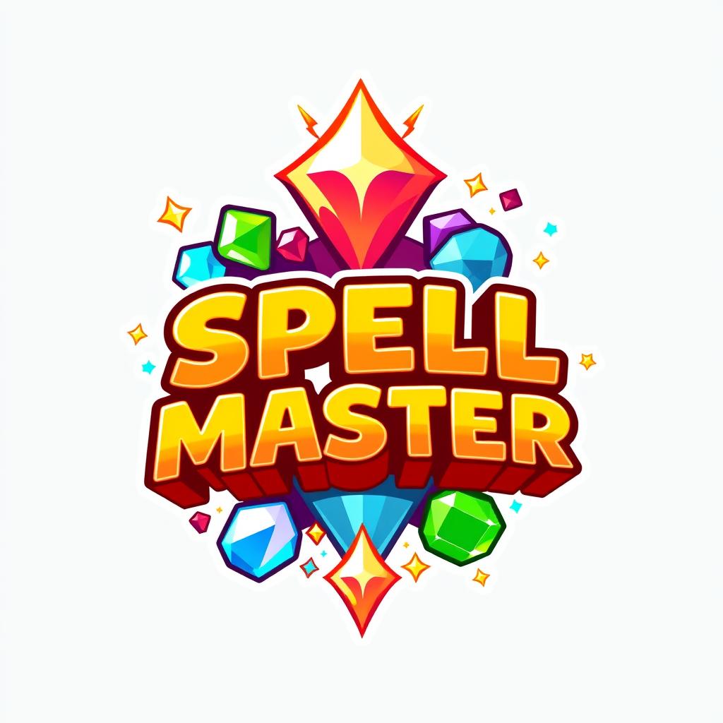 A lively and playful logo inspired by Gem Fighter, featuring the text 'SPELL MASTER' in a chibi, cartoonish font