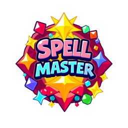 A lively and playful logo inspired by Gem Fighter, featuring the text 'SPELL MASTER' in a chibi, cartoonish font