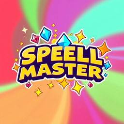 A lively and playful logo inspired by Gem Fighter, featuring the text 'SPELL MASTER' in a chibi, cartoonish font