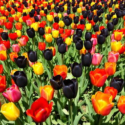 A field of vibrant tulips with a mix of colors including red, yellow, pink, and orange