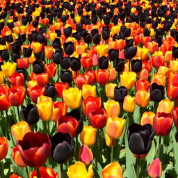 A field of vibrant tulips with a mix of colors including red, yellow, pink, and orange