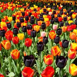 A field of vibrant tulips with a mix of colors including red, yellow, pink, and orange