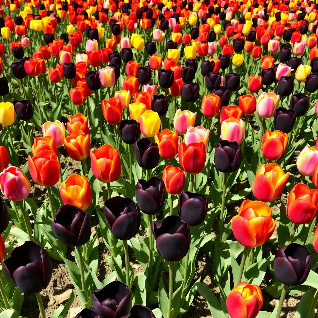 A field of vibrant tulips with a mix of colors including red, yellow, pink, and orange