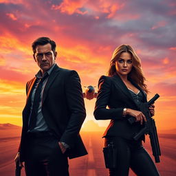 A text-less movie poster depicting a determined secret agent man and woman standing side by side in a striking pose