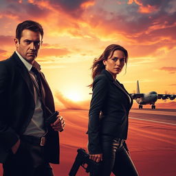 A text-less movie poster depicting a determined secret agent man and woman standing side by side in a striking pose