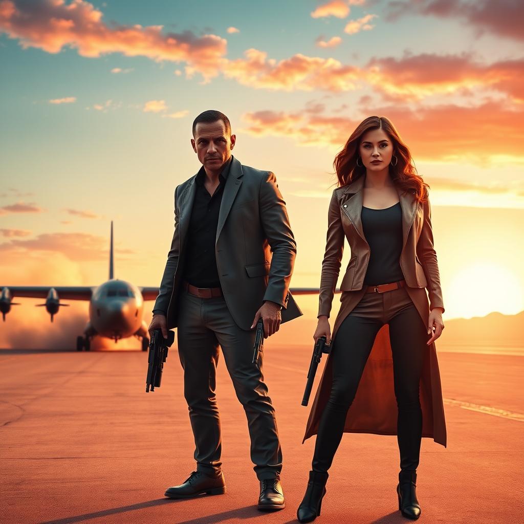 A captivating text-less movie poster depicting a poised secret agent man and woman standing side by side on a desert runway