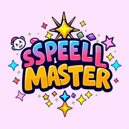 A colorful and whimsical logo inspired by Pocket Fighter, featuring the text 'SPELL MASTER' in a playful, cartoonish font