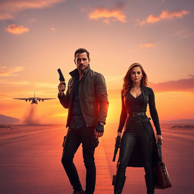 A captivating text-less movie poster depicting a poised secret agent man and woman standing side by side on a desert runway