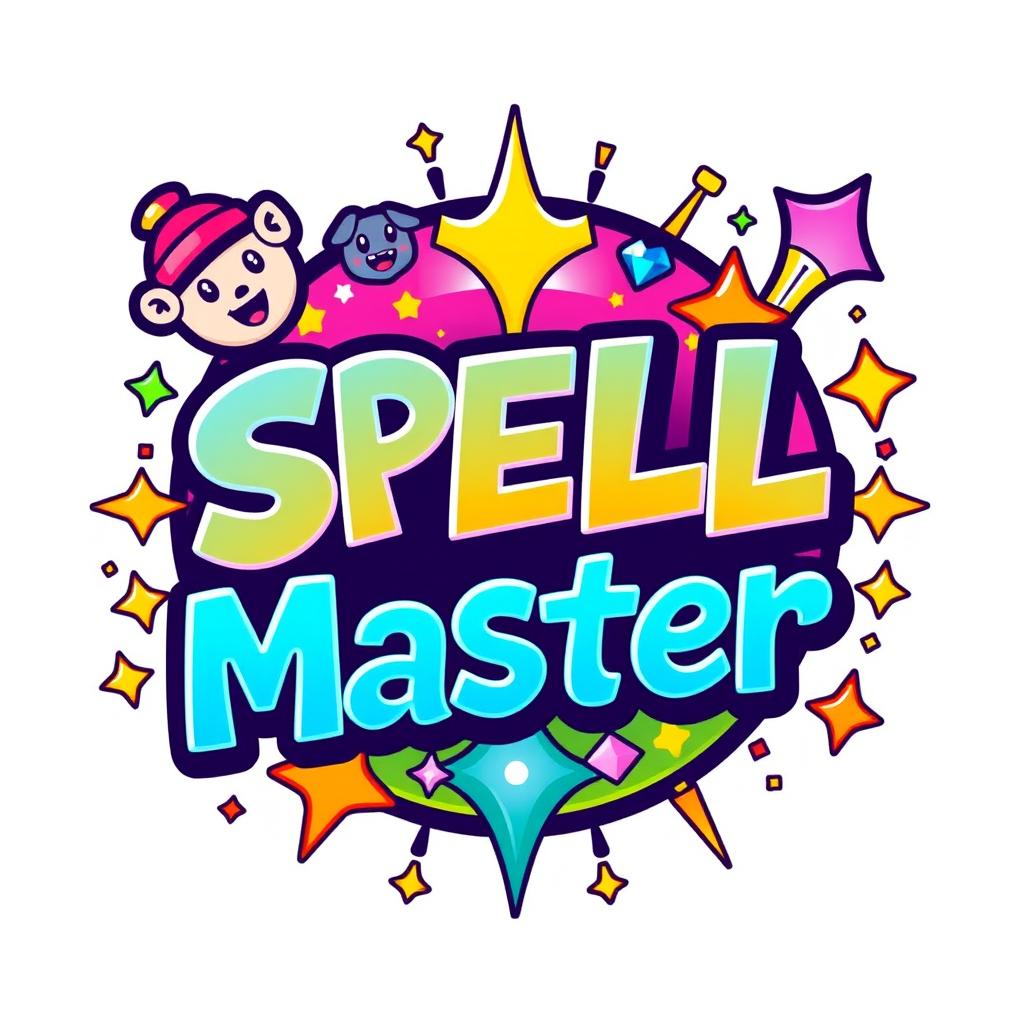 A colorful and whimsical logo inspired by Pocket Fighter, featuring the text 'SPELL MASTER' in a playful, cartoonish font