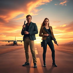 A captivating text-less movie poster depicting a poised secret agent man and woman standing side by side on a desert runway