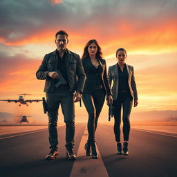 A captivating text-less movie poster depicting a poised secret agent man and woman standing side by side on a desert runway