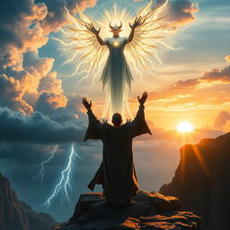 A dynamic and powerful scene of a mythical summoner standing on a rugged cliff, arms raised high as he conjures a colossal, ethereal deity