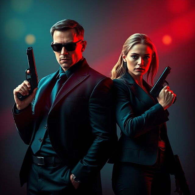 A striking text-less movie poster showcasing a secret agent man and woman standing confidently side by side, each without a gun