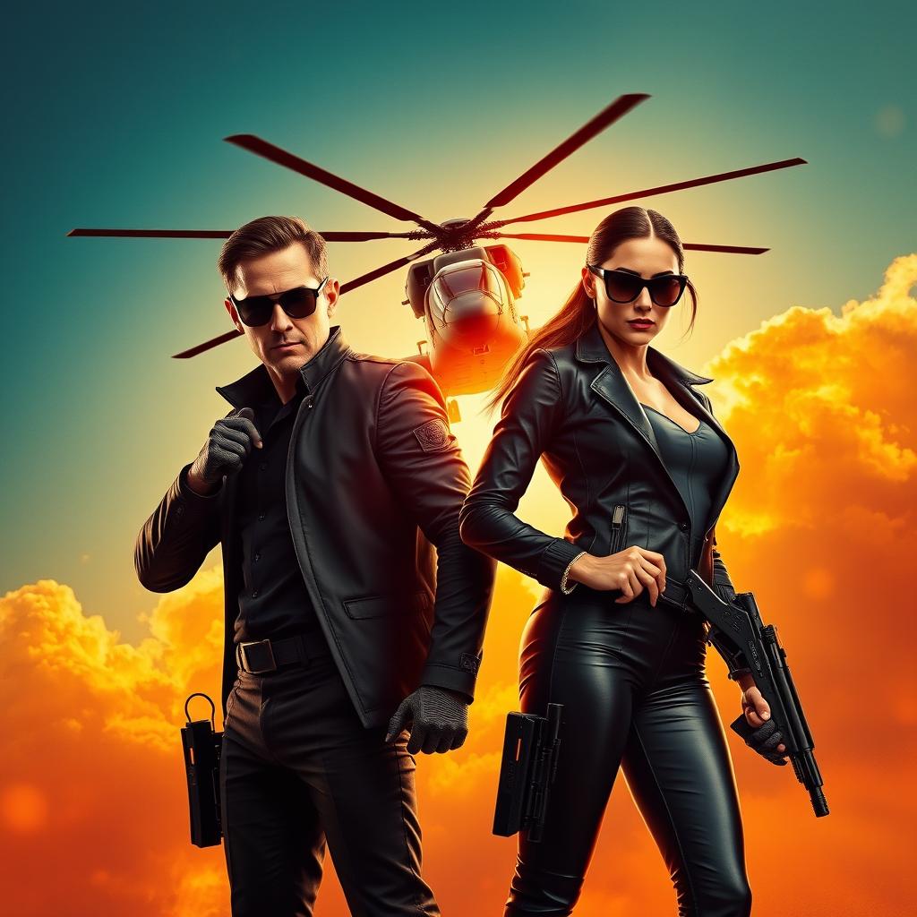 A text-less movie poster featuring a secret agent man and a secret agent woman standing confidently side by side, each holding nothing in their hands