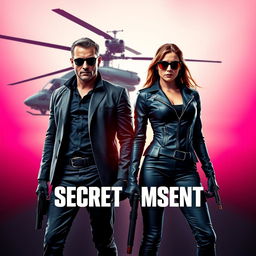 A text-less movie poster featuring a secret agent man and a secret agent woman standing confidently side by side, each holding nothing in their hands