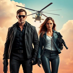 A text-less movie poster featuring a secret agent man and a secret agent woman standing confidently side by side, each holding nothing in their hands