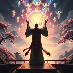 An epic scene depicting the rise of the god summoner in an Eastern fantasy world