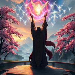 An epic scene depicting the rise of the god summoner in an Eastern fantasy world