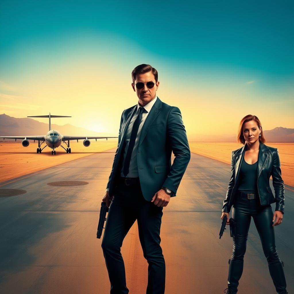 A text-free movie poster depicting an agent man and woman standing side by side, both with empty hands, exuding a sense of poise and presence