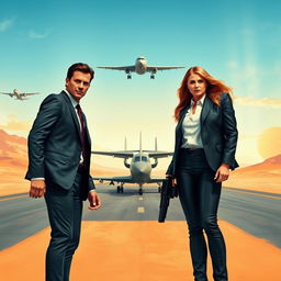 A text-free movie poster depicting an agent man and woman standing side by side, both with empty hands, exuding a sense of poise and presence