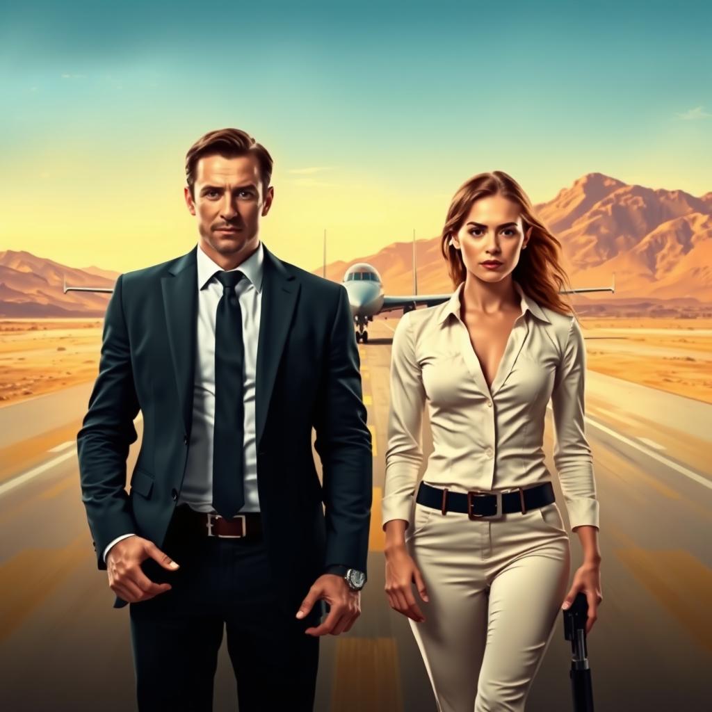 A text-free movie poster depicting an agent man and woman standing side by side, both with empty hands, exuding a sense of poise and presence