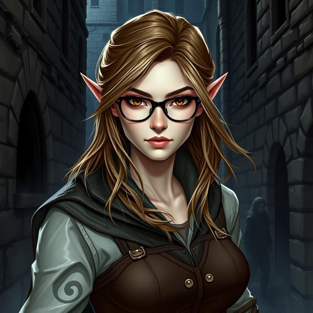 A striking female high elf characterized by her graceful demeanor and expert rogue skills