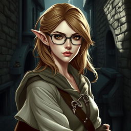 A striking female high elf characterized by her graceful demeanor and expert rogue skills