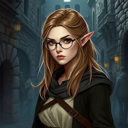 A striking female high elf characterized by her graceful demeanor and expert rogue skills