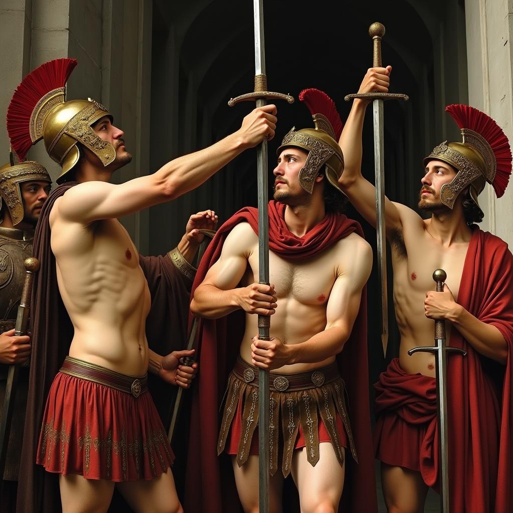 A painting depicting the Oath of the Horatii, with the figures holding swords and dressed as Roman soldiers, in the style of Leonardo da Vinci