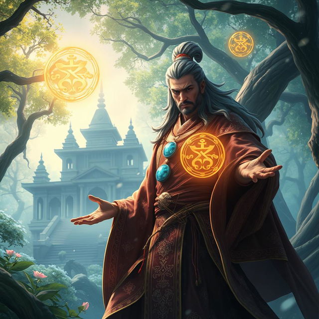 A mystical scene featuring the rise of the Eastern deity summoner, dressed in elaborate robes with intricate patterns inspired by Eastern mythology