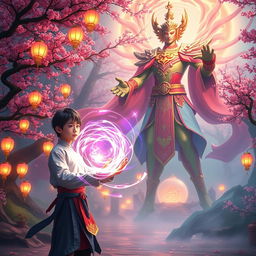 A young man in an Eastern fantasy setting, summoning a powerful deity