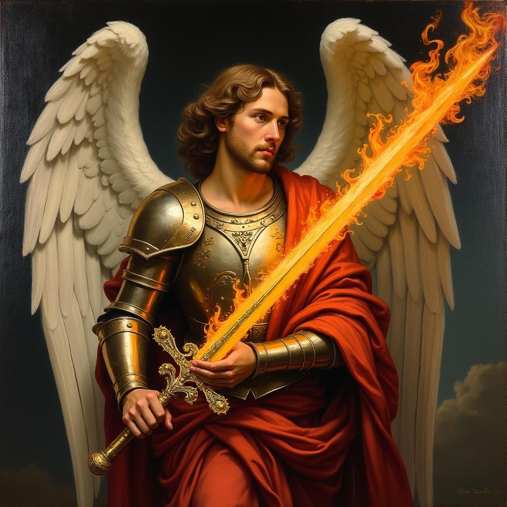 A painting of the Archangel Michael holding a flaming sword, depicted in the style of Leonardo da Vinci