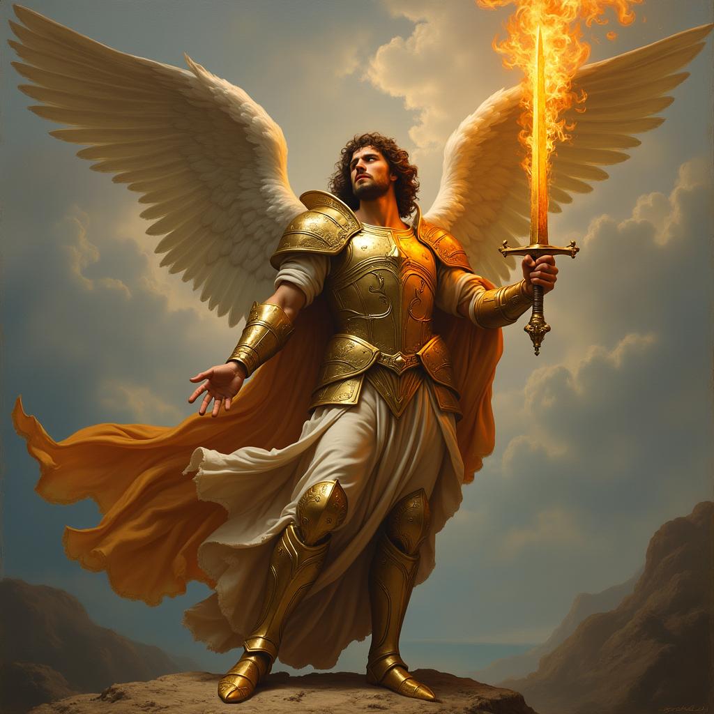 A painting of Archangel Michael holding a flaming sword, styled in the artistic manner of Leonardo da Vinci