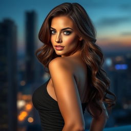 A captivating and alluring woman with an enchanting gaze, luscious wavy hair, and a confident pose, dressed in a stylish, form-fitting outfit that accentuates her silhouette