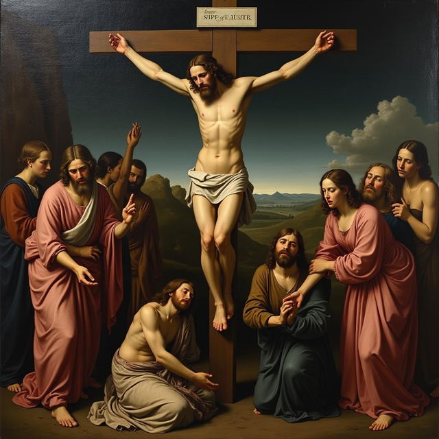 A painting of the Crucifixion of Christ styled after Leonardo da Vinci