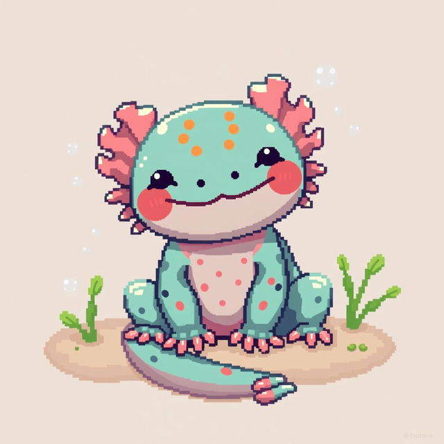 A cute axolotl sitting comfortably, depicted in pixel art style with vibrant colors