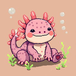 A cute axolotl sitting comfortably, depicted in pixel art style with vibrant colors