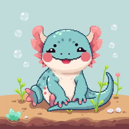 A cute axolotl sitting comfortably, depicted in pixel art style with vibrant colors