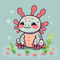 A cute axolotl sitting comfortably, depicted in pixel art style with vibrant colors