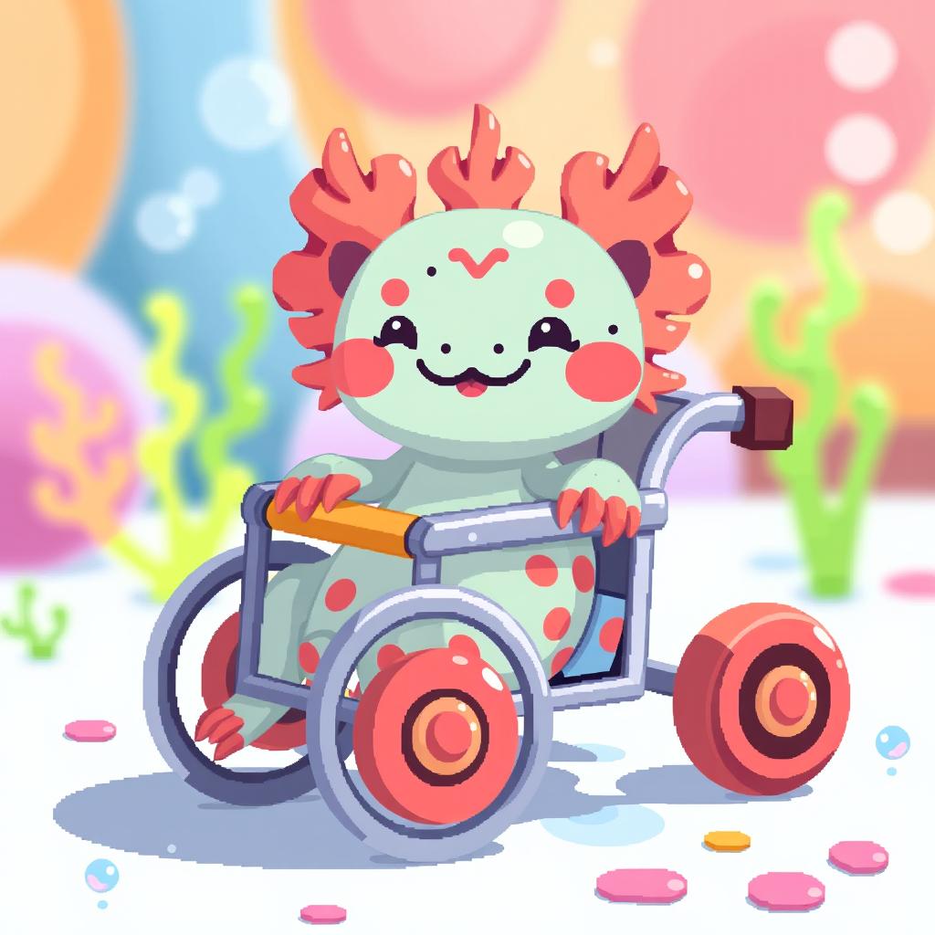 A cute axolotl sitting in a wheelchair, depicted in pixel art style with vibrant colors