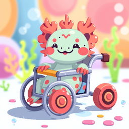 A cute axolotl sitting in a wheelchair, depicted in pixel art style with vibrant colors