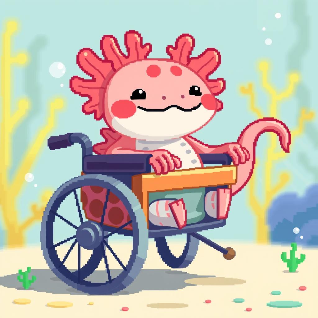 A cute axolotl sitting in a wheelchair, depicted in pixel art style with vibrant colors