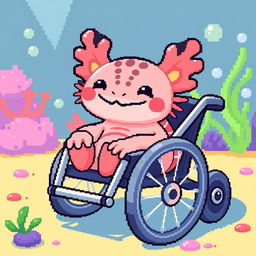 A cute axolotl sitting in a wheelchair, depicted in pixel art style with vibrant colors