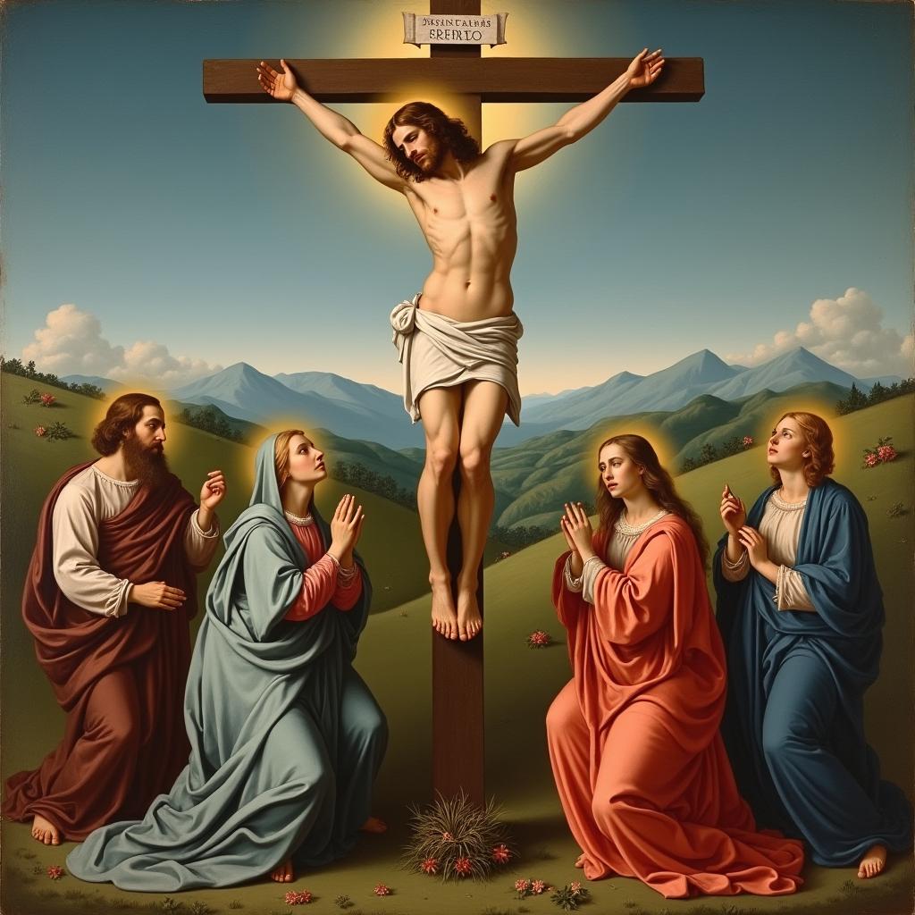 A painting depicting the Crucifixion of Christ, executed in the style of Raphael