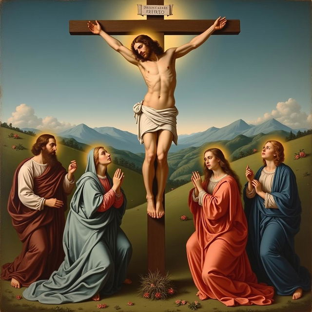 A painting depicting the Crucifixion of Christ, executed in the style of Raphael