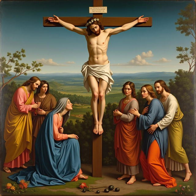 A painting depicting the crucifixion of Christ in the style of Raphael