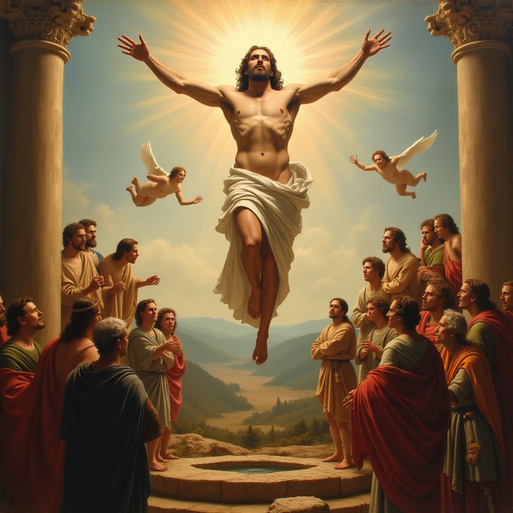 A painting of the Resurrection of Christ, capturing the triumphant moment in the style of Raphael